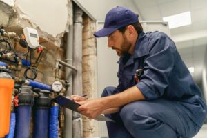 A plumber examines copper pipes, water filters, pressure gauges, and meters during a residential plumbing inspection.