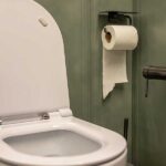 An open white toilet sits next to a roll of toilet paper mounted on a modern olive green bathroom wall.