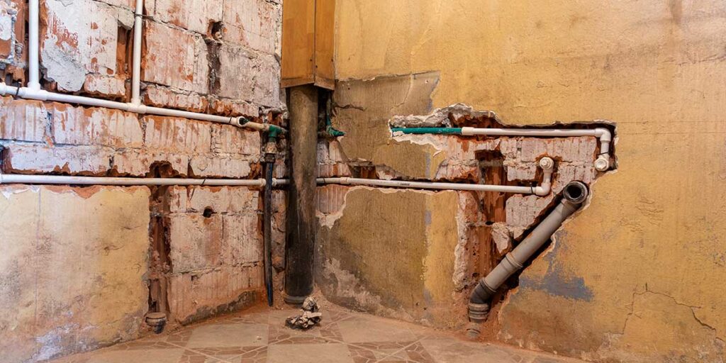 Exposed plumbing pipes installed inside damaged, broken brick and plaster walls during a home renovation or whole-house repiping project.