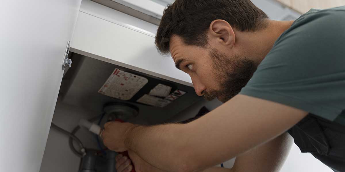 Focused technician leaning closely under a white cabinet to inspect and repair plumbing connections for a home water heater.